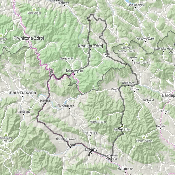 Map miniature of "Lipany – Červenica pri Sabinove Road Adventure" cycling inspiration in Východné Slovensko, Slovakia. Generated by Tarmacs.app cycling route planner