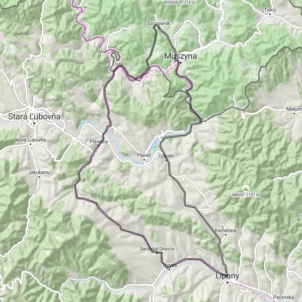 Mapa miniatúra "Cyklotúra cez Zlatú horu a Mikowu" cyklistická inšpirácia v Východné Slovensko, Slovakia. Vygenerované cyklistickým plánovačom trás Tarmacs.app