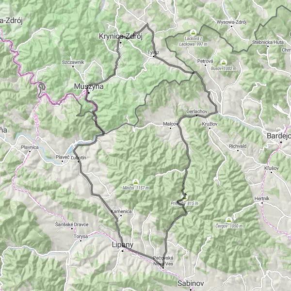 Map miniature of "Ultimate road cycling challenge in Lipany region" cycling inspiration in Východné Slovensko, Slovakia. Generated by Tarmacs.app cycling route planner