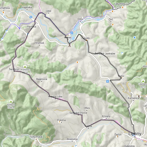 Map miniature of "Road cycling tour through Lipany region" cycling inspiration in Východné Slovensko, Slovakia. Generated by Tarmacs.app cycling route planner