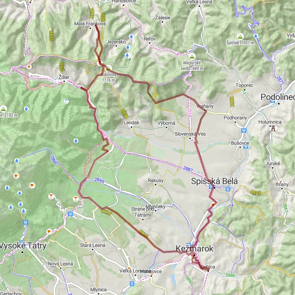 Map miniature of "The Gravel Adventure to Malý Slavkov" cycling inspiration in Východné Slovensko, Slovakia. Generated by Tarmacs.app cycling route planner