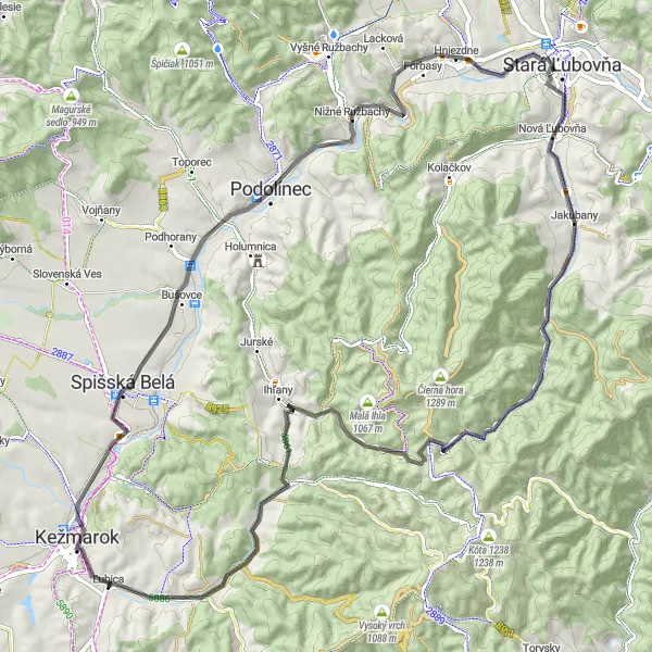 Miniaturní mapa "Okruh cez Ľubovniansky hrad a Tatranské vrchy" inspirace pro cyklisty v oblasti Východné Slovensko, Slovakia. Vytvořeno pomocí plánovače tras Tarmacs.app