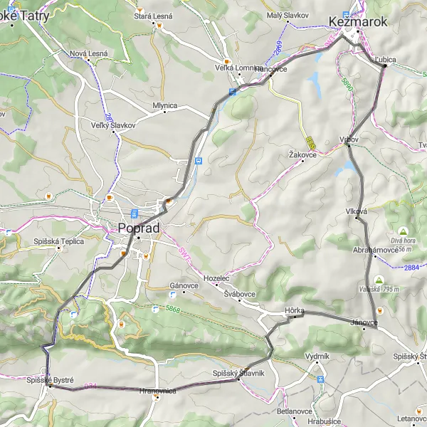 Map miniature of "The Scenic Road Tour to Šípkový vrch" cycling inspiration in Východné Slovensko, Slovakia. Generated by Tarmacs.app cycling route planner
