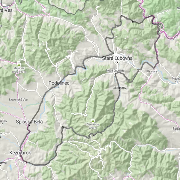 Miniaturní mapa "Road Kezmarok Adventure" inspirace pro cyklisty v oblasti Východné Slovensko, Slovakia. Vytvořeno pomocí plánovače tras Tarmacs.app