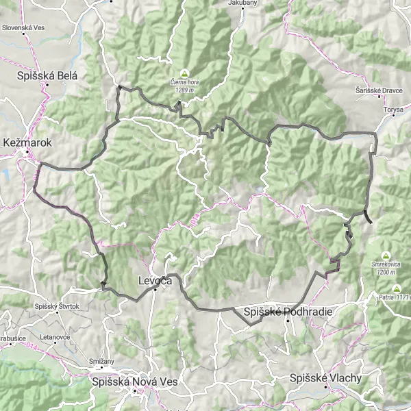 Mapa miniatúra "Road Trasa cez Spišský hrad" cyklistická inšpirácia v Východné Slovensko, Slovakia. Vygenerované cyklistickým plánovačom trás Tarmacs.app