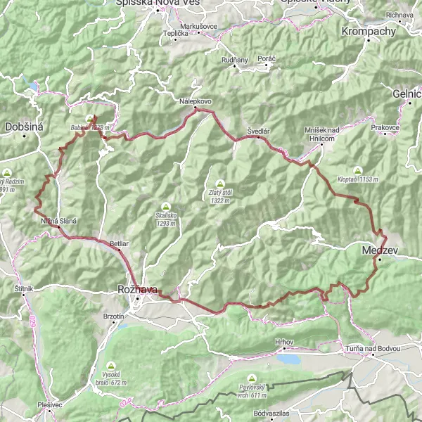 Map miniature of "Medzev Gravel Adventure" cycling inspiration in Východné Slovensko, Slovakia. Generated by Tarmacs.app cycling route planner