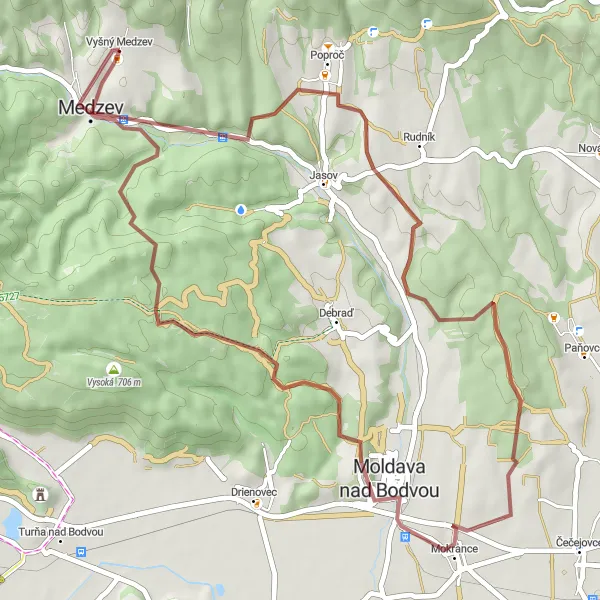 Map miniature of "The Gravel Adventure" cycling inspiration in Východné Slovensko, Slovakia. Generated by Tarmacs.app cycling route planner