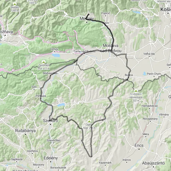 Mapa miniatúra "Trasa okolo Medzeva a Jasovskej jaskyne" cyklistická inšpirácia v Východné Slovensko, Slovakia. Vygenerované cyklistickým plánovačom trás Tarmacs.app