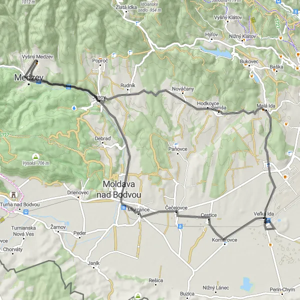 Map miniature of "The Moldava nad Bodvou Loop" cycling inspiration in Východné Slovensko, Slovakia. Generated by Tarmacs.app cycling route planner