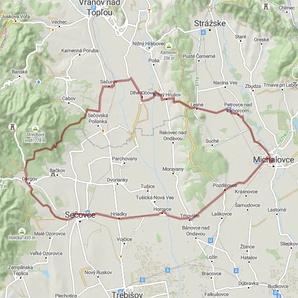 Miniaturní mapa "Gravelová cesta k Dlouhému Klčovu" inspirace pro cyklisty v oblasti Východné Slovensko, Slovakia. Vytvořeno pomocí plánovače tras Tarmacs.app