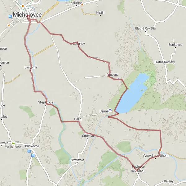 Map miniature of "Pavlovce nad Uhom - Lastomír Circuit" cycling inspiration in Východné Slovensko, Slovakia. Generated by Tarmacs.app cycling route planner
