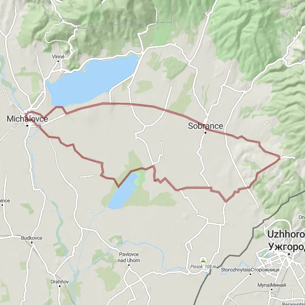 Map miniature of "The Sobrance Gravel Expedition" cycling inspiration in Východné Slovensko, Slovakia. Generated by Tarmacs.app cycling route planner