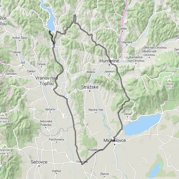 Mapa miniatúra "Okolo Michaloviec až po Laborce" cyklistická inšpirácia v Východné Slovensko, Slovakia. Vygenerované cyklistickým plánovačom trás Tarmacs.app