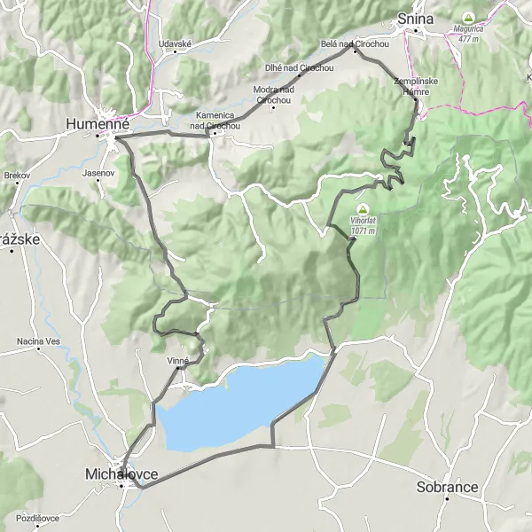 Map miniature of "Michalovce - Zemplínske Hámre Loop" cycling inspiration in Východné Slovensko, Slovakia. Generated by Tarmacs.app cycling route planner