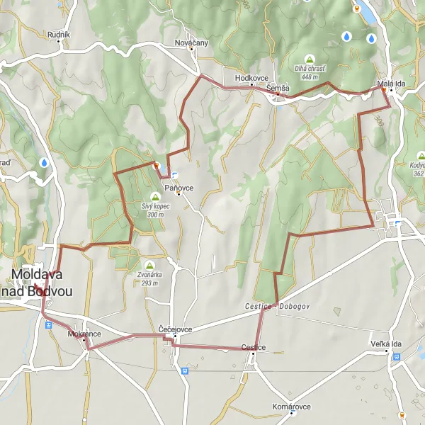 Map miniature of "Scenic Gravel Route: Sivý kopec and Beyond" cycling inspiration in Východné Slovensko, Slovakia. Generated by Tarmacs.app cycling route planner