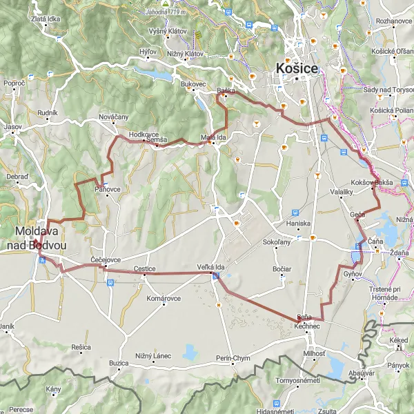 Map miniature of "Hodkovce Loop" cycling inspiration in Východné Slovensko, Slovakia. Generated by Tarmacs.app cycling route planner