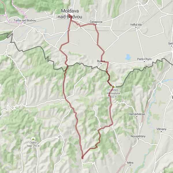 Map miniature of "Adventurous Gravel Expedition: Perecse and Beyond" cycling inspiration in Východné Slovensko, Slovakia. Generated by Tarmacs.app cycling route planner