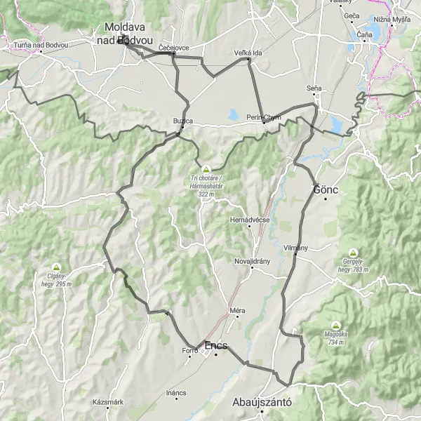 Map miniature of "Moldava nad Bodvou to Čeľabaj" cycling inspiration in Východné Slovensko, Slovakia. Generated by Tarmacs.app cycling route planner