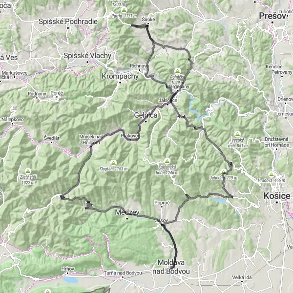 Mapa miniatúra "Okruh cez Jesenianske kopce" cyklistická inšpirácia v Východné Slovensko, Slovakia. Vygenerované cyklistickým plánovačom trás Tarmacs.app