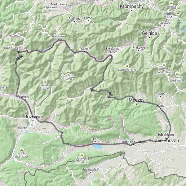 Map miniature of "Moldava nad Bodvou Discovery" cycling inspiration in Východné Slovensko, Slovakia. Generated by Tarmacs.app cycling route planner
