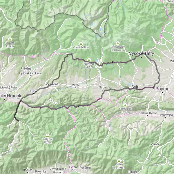 Map miniature of "Tatra Adventure" cycling inspiration in Východné Slovensko, Slovakia. Generated by Tarmacs.app cycling route planner