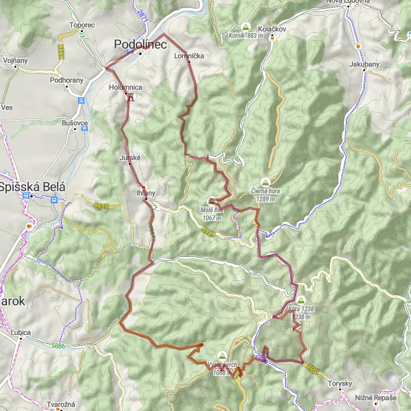 Map miniature of "Podolínec Gravel Adventure" cycling inspiration in Východné Slovensko, Slovakia. Generated by Tarmacs.app cycling route planner