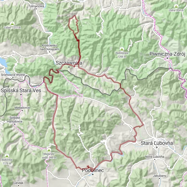 Map miniature of "The Varied Landscapes of Podolínec" cycling inspiration in Východné Slovensko, Slovakia. Generated by Tarmacs.app cycling route planner