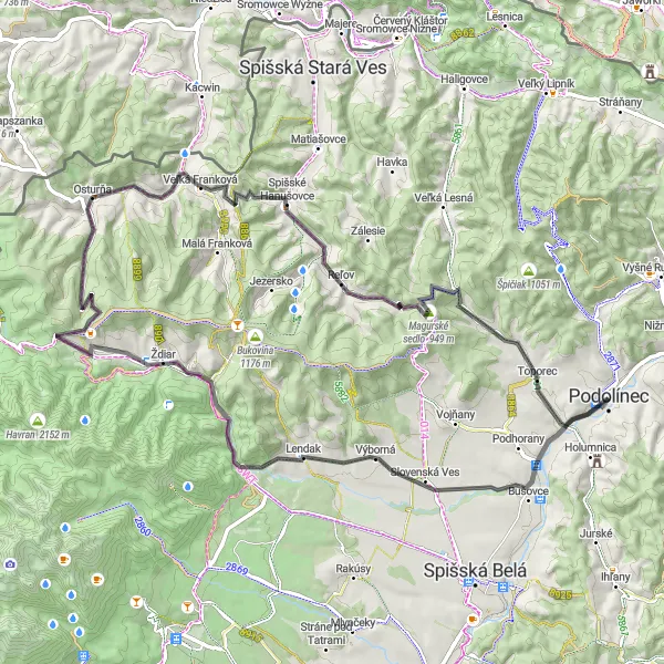 Mapa miniatúra "Road Podolínec Loop" cyklistická inšpirácia v Východné Slovensko, Slovakia. Vygenerované cyklistickým plánovačom trás Tarmacs.app