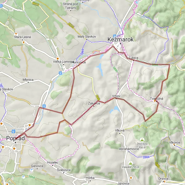 Map miniature of "Gravel route to Strážske" cycling inspiration in Východné Slovensko, Slovakia. Generated by Tarmacs.app cycling route planner