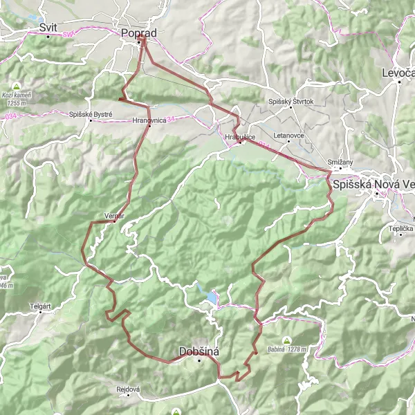 Map miniature of "Slovakia's Wilderness" cycling inspiration in Východné Slovensko, Slovakia. Generated by Tarmacs.app cycling route planner