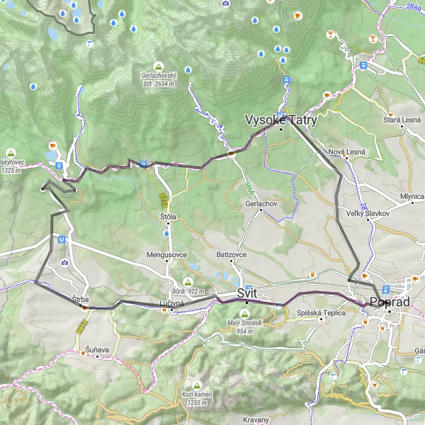 Mapa miniatúra "Krátky výlet do Vysokých Tatier" cyklistická inšpirácia v Východné Slovensko, Slovakia. Vygenerované cyklistickým plánovačom trás Tarmacs.app