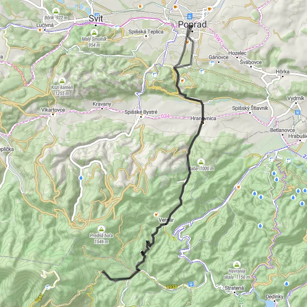 Mapa miniatúra "Popradský okruh cez Vysoké Tatry" cyklistická inšpirácia v Východné Slovensko, Slovakia. Vygenerované cyklistickým plánovačom trás Tarmacs.app