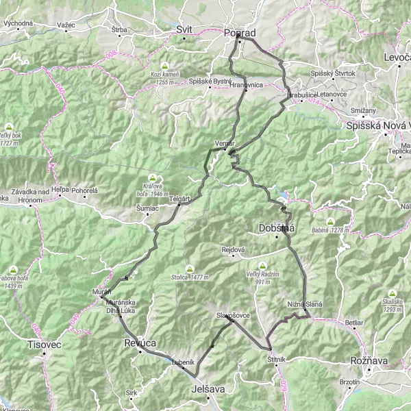 Map miniature of "Tatras Panorama" cycling inspiration in Východné Slovensko, Slovakia. Generated by Tarmacs.app cycling route planner