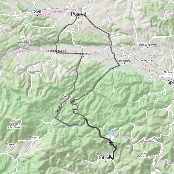 Map miniature of "Tatra Foothills Delight" cycling inspiration in Východné Slovensko, Slovakia. Generated by Tarmacs.app cycling route planner