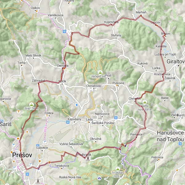 Mapa miniatúra "Gravel okruh cez Východné Slovensko" cyklistická inšpirácia v Východné Slovensko, Slovakia. Vygenerované cyklistickým plánovačom trás Tarmacs.app