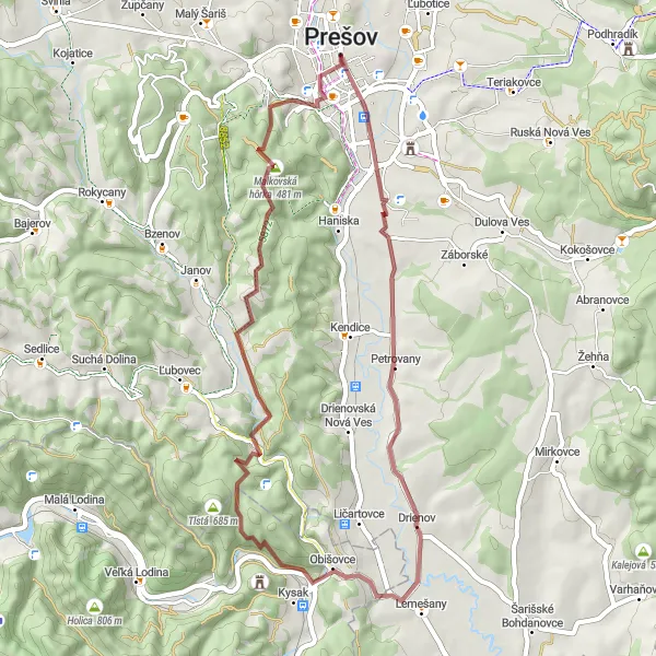 Map miniature of "Hidden Gems and Cultural Heritage" cycling inspiration in Východné Slovensko, Slovakia. Generated by Tarmacs.app cycling route planner