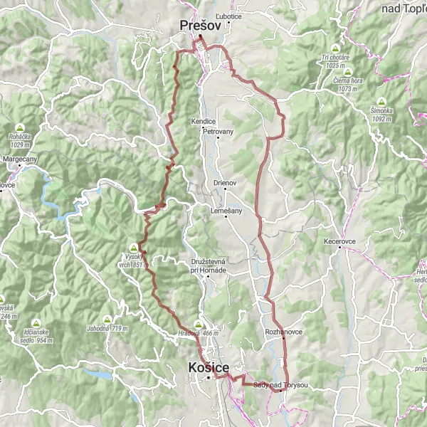 Miniaturní mapa "Gravel Round-trip from Prešov to Hrad Sokoľ" inspirace pro cyklisty v oblasti Východné Slovensko, Slovakia. Vytvořeno pomocí plánovače tras Tarmacs.app
