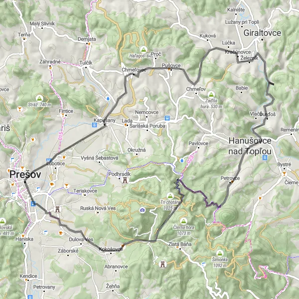Miniaturní mapa "Okruhová cyklistická trasa cez Východné Slovensko" inspirace pro cyklisty v oblasti Východné Slovensko, Slovakia. Vytvořeno pomocí plánovače tras Tarmacs.app