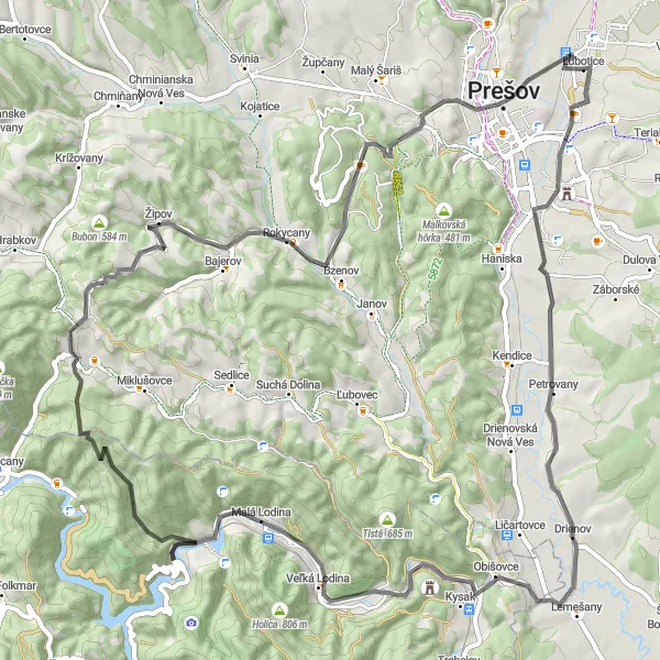 Miniaturní mapa "Cyklovýlet do okolí Prešova" inspirace pro cyklisty v oblasti Východné Slovensko, Slovakia. Vytvořeno pomocí plánovače tras Tarmacs.app