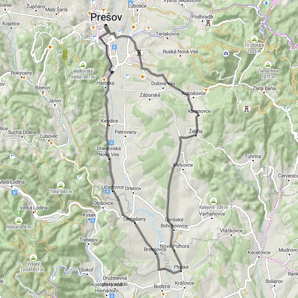 Mapa miniatúra "Cesty okolo Prešova" cyklistická inšpirácia v Východné Slovensko, Slovakia. Vygenerované cyklistickým plánovačom trás Tarmacs.app