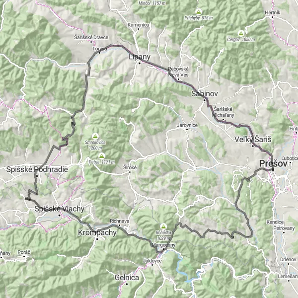 Miniaturní mapa "Šarišský okruh" inspirace pro cyklisty v oblasti Východné Slovensko, Slovakia. Vytvořeno pomocí plánovače tras Tarmacs.app