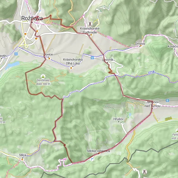 Mapa miniatúra "Gravel okolo Rožňavy" cyklistická inšpirácia v Východné Slovensko, Slovakia. Vygenerované cyklistickým plánovačom trás Tarmacs.app