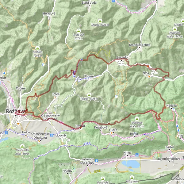 Map miniature of "Gravel Mountain Madness" cycling inspiration in Východné Slovensko, Slovakia. Generated by Tarmacs.app cycling route planner