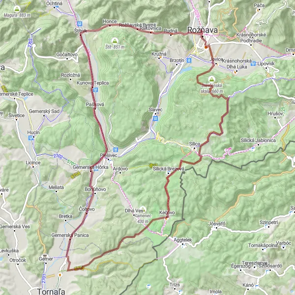 Miniaturní mapa "Gravel Kalvária - Gerlašská skala" inspirace pro cyklisty v oblasti Východné Slovensko, Slovakia. Vytvořeno pomocí plánovače tras Tarmacs.app