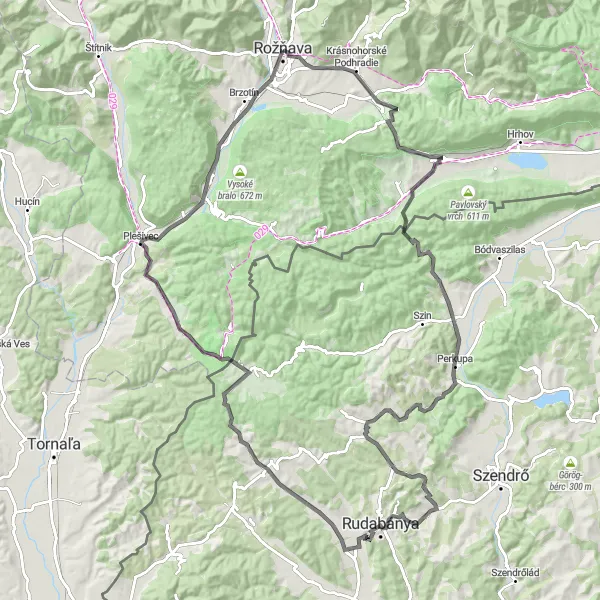 Map miniature of "Rožňava - Undulating Hills Challenge" cycling inspiration in Východné Slovensko, Slovakia. Generated by Tarmacs.app cycling route planner