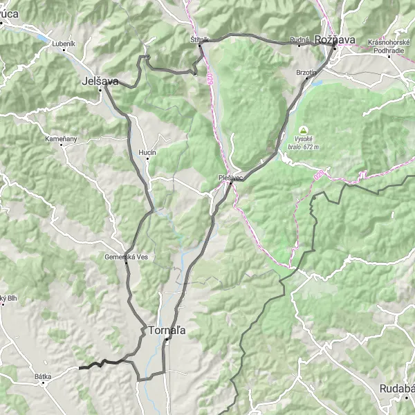 Miniaturní mapa "Dlouhá Silniční Trasa kolem Rožňavy" inspirace pro cyklisty v oblasti Východné Slovensko, Slovakia. Vytvořeno pomocí plánovače tras Tarmacs.app