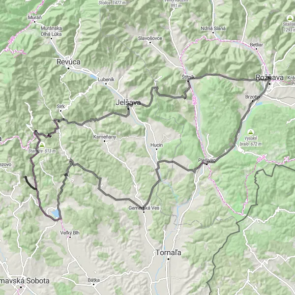 Miniaturní mapa "Trasa okolo Rožňavy" inspirace pro cyklisty v oblasti Východné Slovensko, Slovakia. Vytvořeno pomocí plánovače tras Tarmacs.app