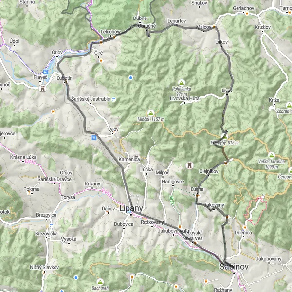 Map miniature of "Sabinov Circular Road Cycling Route" cycling inspiration in Východné Slovensko, Slovakia. Generated by Tarmacs.app cycling route planner