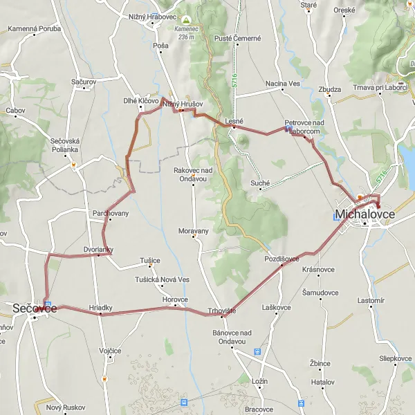 Map miniature of "Sečovce Gravel Adventure" cycling inspiration in Východné Slovensko, Slovakia. Generated by Tarmacs.app cycling route planner