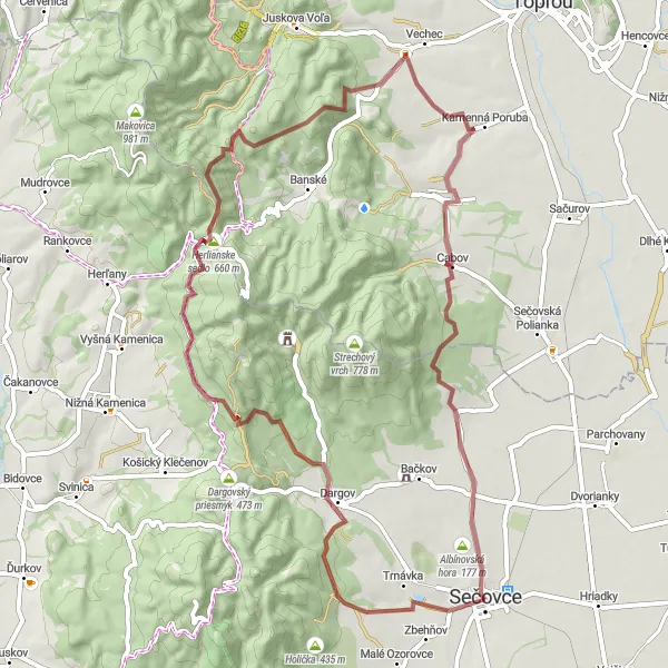 Map miniature of "Dargov - Herlianske Sedlo Gravel Adventure" cycling inspiration in Východné Slovensko, Slovakia. Generated by Tarmacs.app cycling route planner